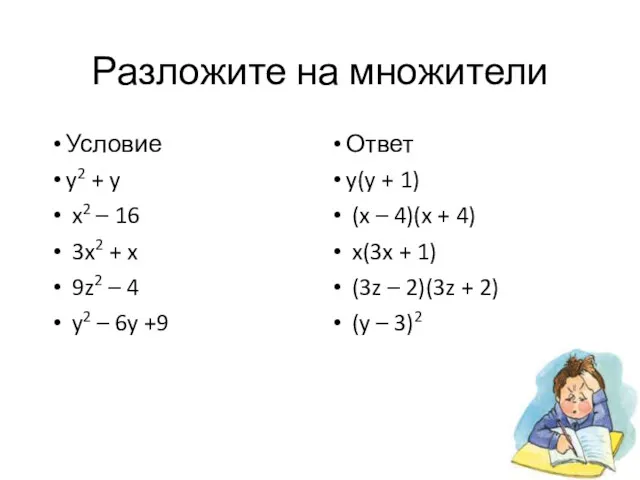 Разложите на множители Условие y2 + y x2 – 16