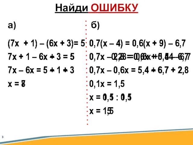 (7х + 1) – (6х + 3)= 5 7х +