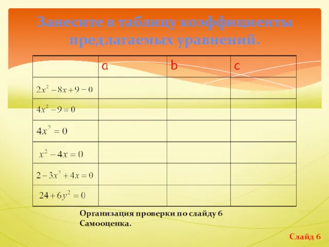 Занесите в таблицу коэффициенты предлагаемых уравнений. Организация проверки по слайду 6 Самооценка. Слайд 6