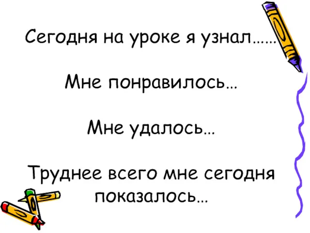 Сегодня на уроке я узнал…… Мне понравилось… Мне удалось… Труднее всего мне сегодня показалось…