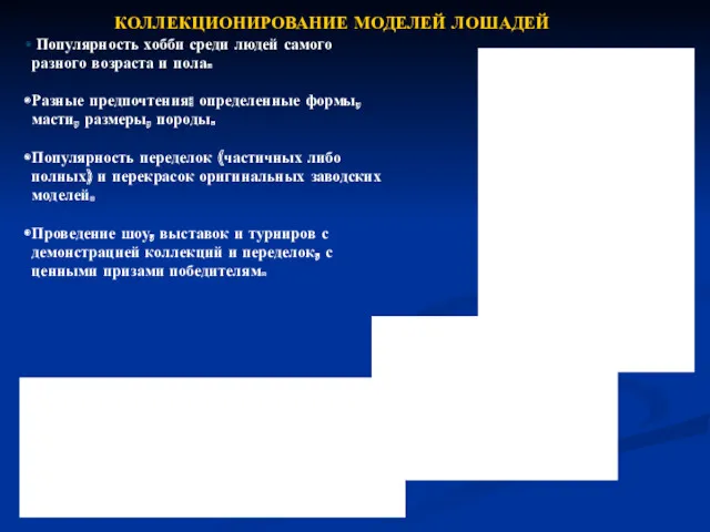 КОЛЛЕКЦИОНИРОВАНИЕ МОДЕЛЕЙ ЛОШАДЕЙ Популярность хобби среди людей самого разного возраста и пола. Разные