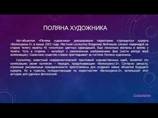 ПОЛЯНА ХУДОЖНИКА Арт-объектом «Поляна художника» декорировали территорию строящегося курорта «Белокуриха-2»