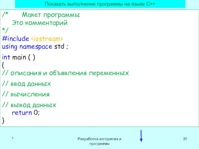 * Разработка алгоритма и программы /* Макет программы Это комментарий