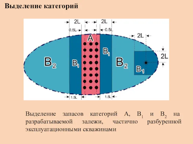 Выделение категорий Выделение запасов категорий A, B1 и B2 на разрабатываемой залежи, частично разбуренной эксплуатационными скважинами