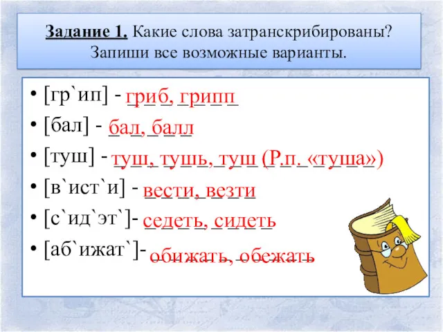 Задание 1. Какие слова затранскрибированы? Запиши все возможные варианты. [гр`ип]