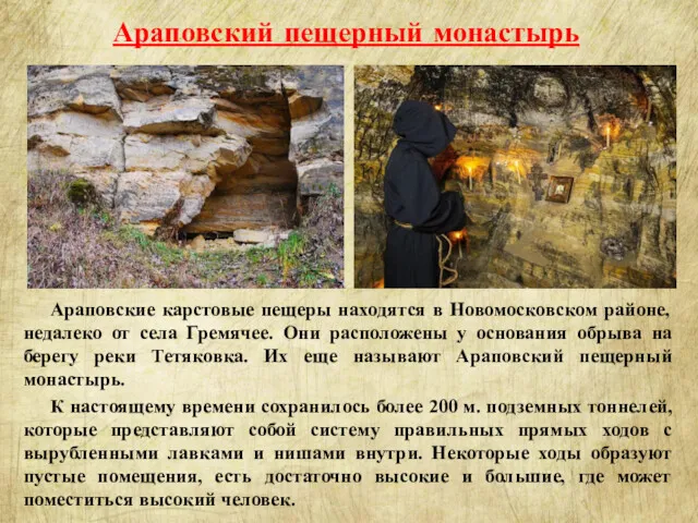 Араповские карстовые пещеры находятся в Новомосковском районе, недалеко от села