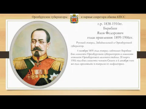 г.р. 1838-1910гг. Барабаш Яков Федорович годы правления: 1899-1906гг. Русский генерал,