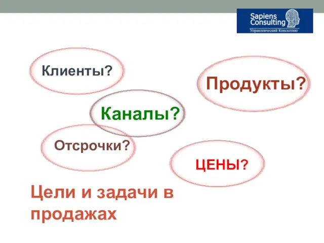 Цели и задачи в продажах Клиенты? Каналы? Продукты? ЦЕНЫ? Отсрочки?