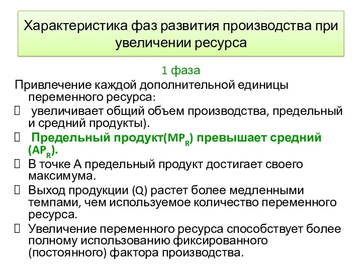 Характеристика фаз развития производства при увеличении ресурса 1 фаза Привлечение