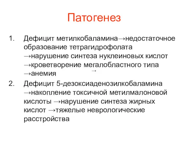 Патогенез Дефицит метилкобаламина→недостаточное образование тетрагидрофолата →нарушение синтеза нуклеиновых кислот →кроветворение