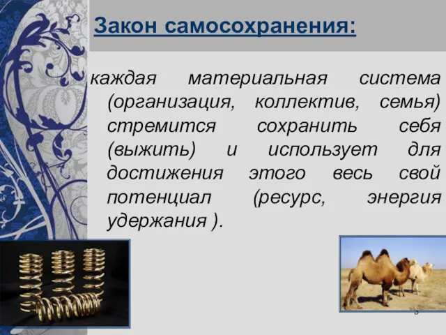 Закон самосохранения: каждая материальная система (организация, коллектив, семья) стремится сохранить