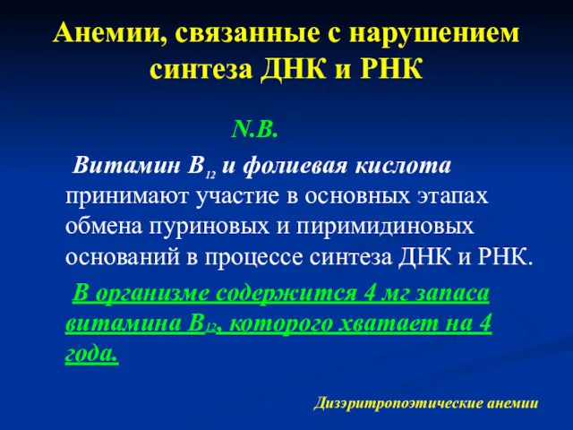 N.B. Витамин В12 и фолиевая кислота принимают участие в основных