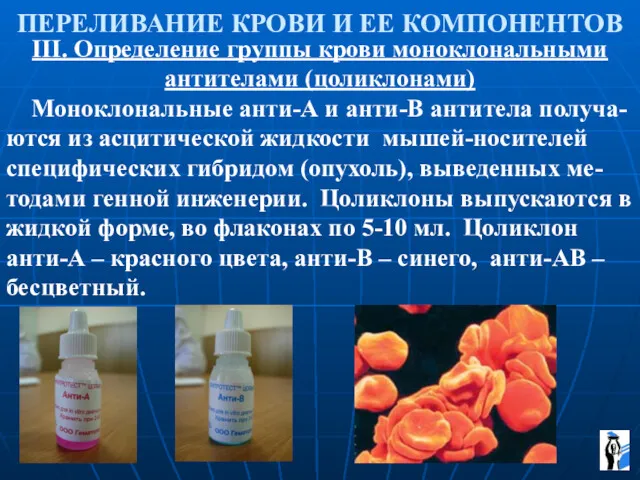 ПЕРЕЛИВАНИЕ КРОВИ И ЕЕ КОМПОНЕНТОВ III. Определение группы крови моноклональными