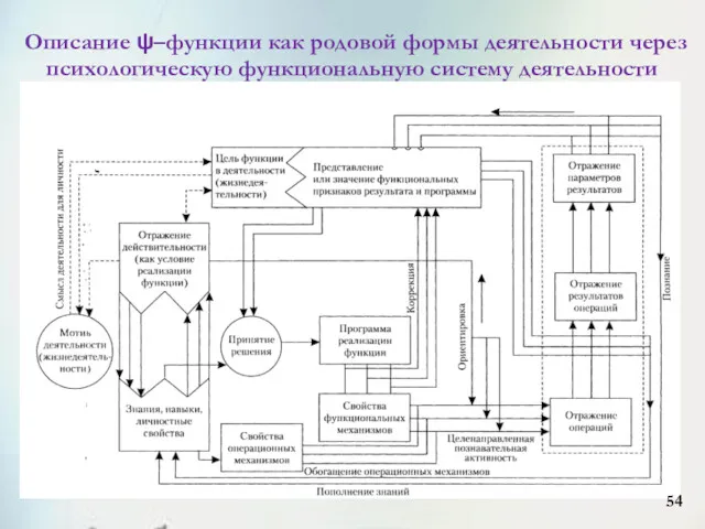 Описание ψ–функции как родовой формы деятельности через психологическую функциональную систему деятельности 54