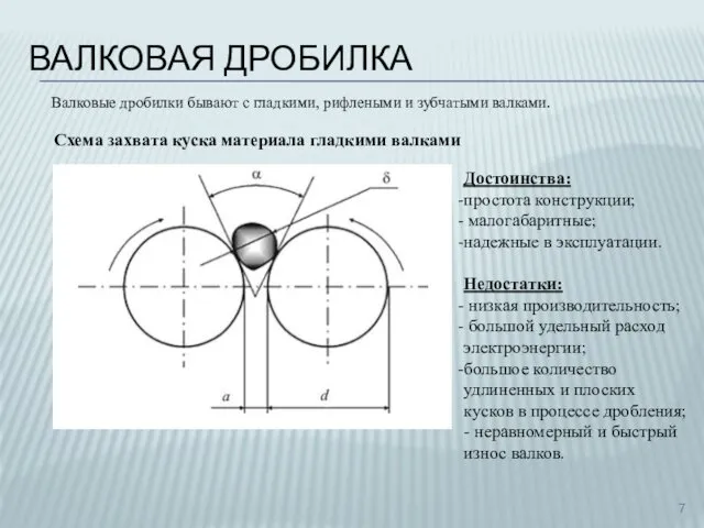 ВАЛКОВАЯ ДРОБИЛКА Схема захвата куска материала гладкими валками Валковые дробилки