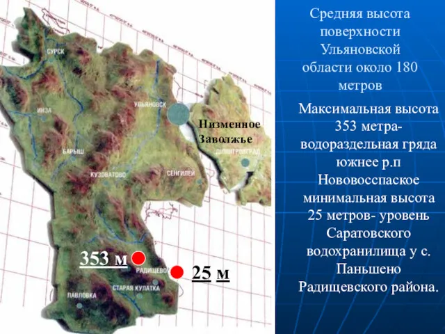 Средняя высота поверхности Ульяновской области около 180 метров Максимальная высота