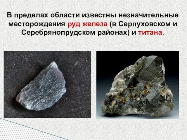 В пределах области известны незначительные месторождения руд железа (в Серпуховском и Серебрянопрудском районах) и титана.