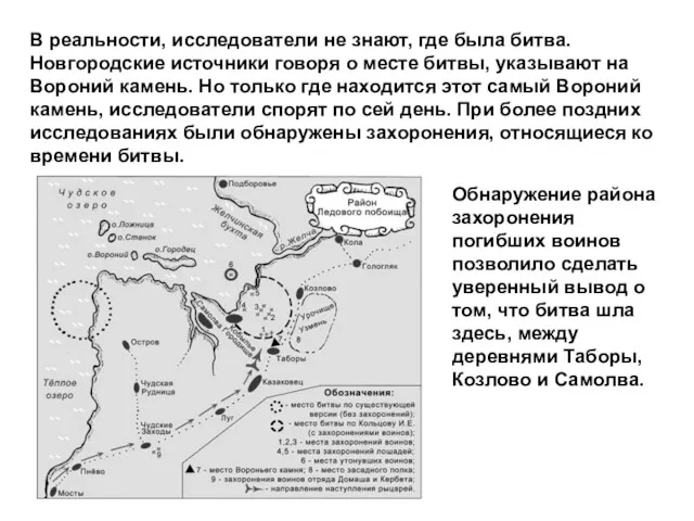 В реальности, исследователи не знают, где была битва. Новгородские источники говоря о месте