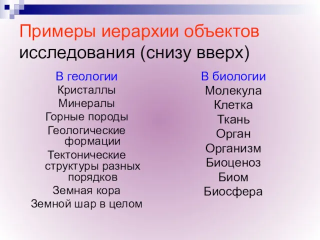 Примеры иерархии объектов исследования (снизу вверх) В геологии Кристаллы Минералы