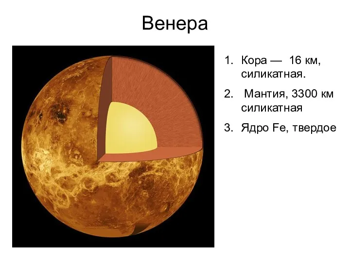 Венера Кора — 16 км, силикатная. Мантия, 3300 км силикатная Ядро Fe, твердое