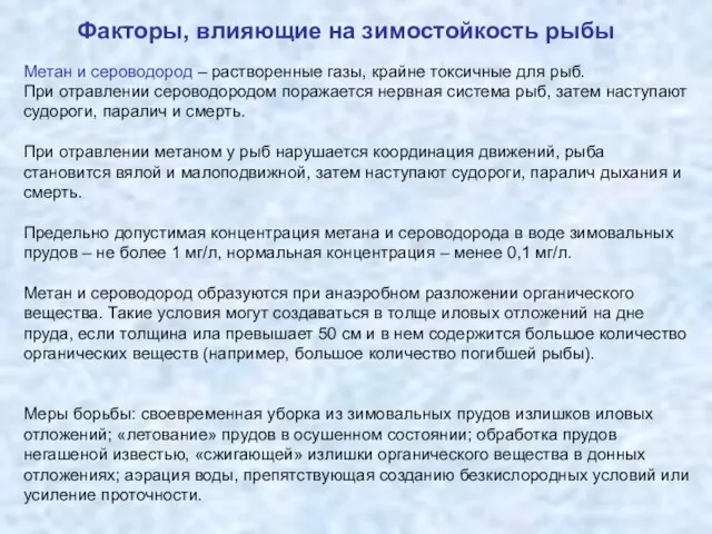 Факторы, влияющие на зимостойкость рыбы Метан и сероводород – растворенные газы, крайне токсичные