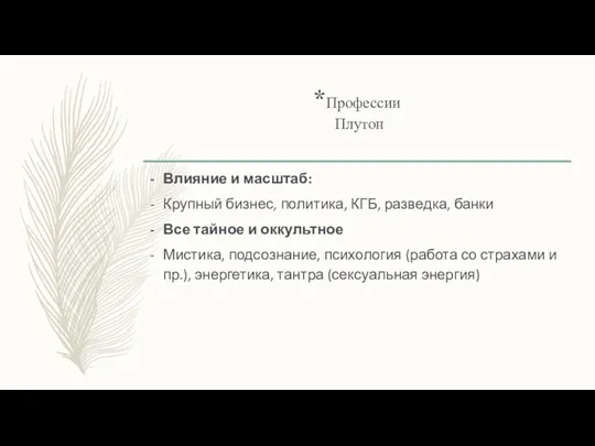 *Профессии Плутон Влияние и масштаб: Крупный бизнес, политика, КГБ, разведка,