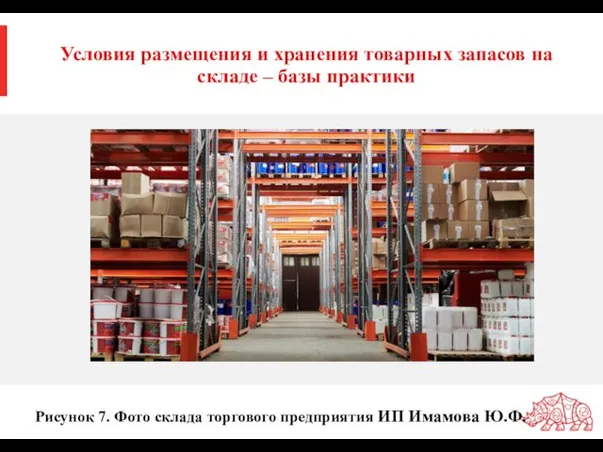 Условия размещения и хранения товарных запасов на складе – базы практики Рисунок 7.