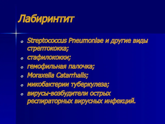 Лабиринтит Streptococcus Pneumoniae и другие виды стрептококка; стафилококки; гемофильная палочка;
