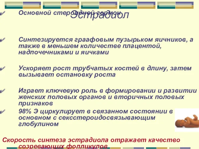 Эстрадиол Основной стероидной гормон Синтезируется граафовым пузырьком яичников, а также