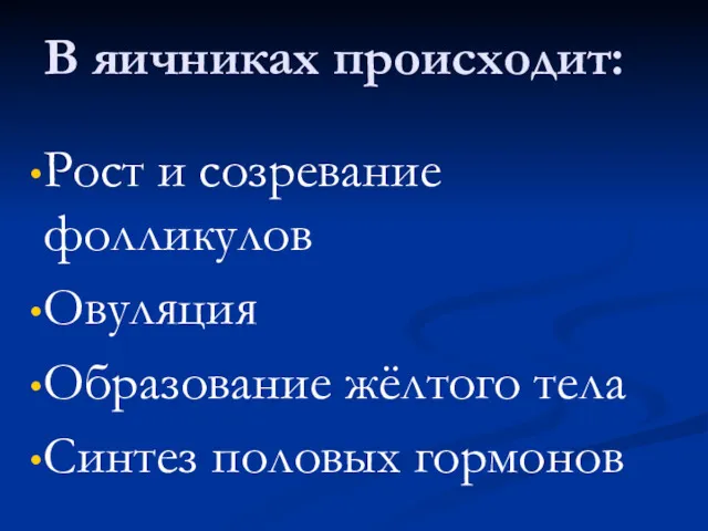 В яичниках происходит: Рост и созревание фолликулов Овуляция Образование жёлтого тела Синтез половых гормонов