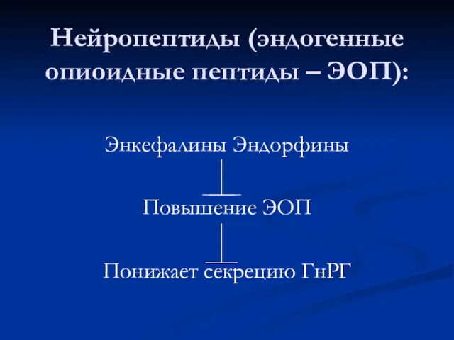 Нейропептиды (эндогенные опиоидные пептиды – ЭОП): Энкефалины Эндорфины Повышение ЭОП Понижает секрецию ГнРГ