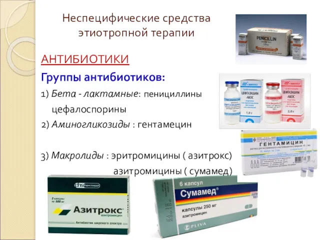Неспецифические средства этиотропной терапии АНТИБИОТИКИ Группы антибиотиков: 1) Бета - лактамные: пенициллины цефалоспорины