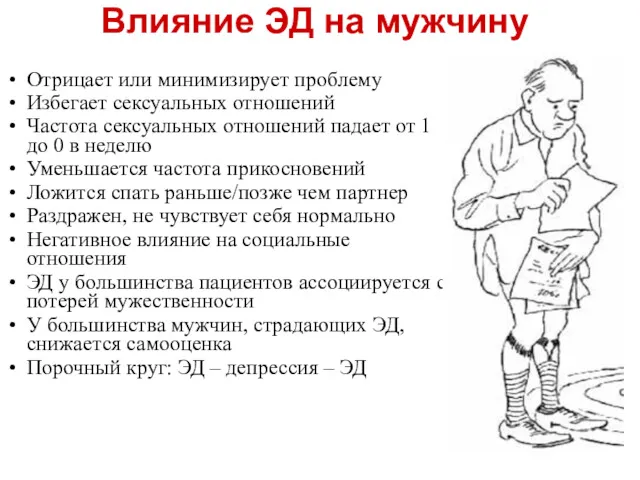 Влияние ЭД на мужчину Отрицает или минимизирует проблему Избегает сексуальных