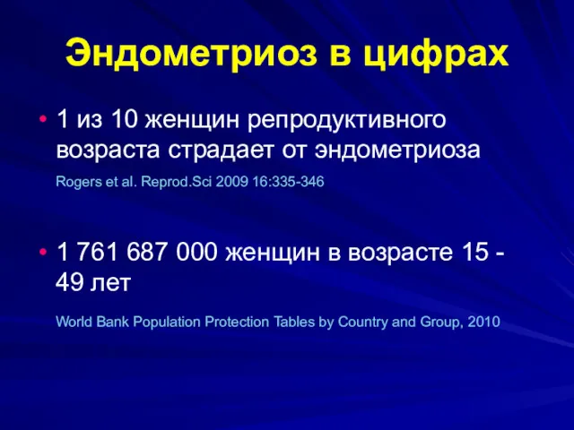 Эндометриоз в цифрах 1 из 10 женщин репродуктивного возраста страдает