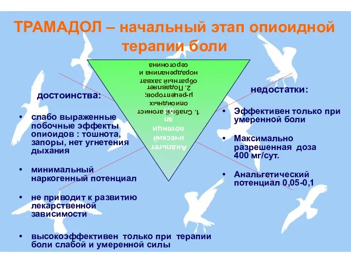 достоинства: слабо выраженные побочные эффекты опиоидов : тошнота, запоры, нет