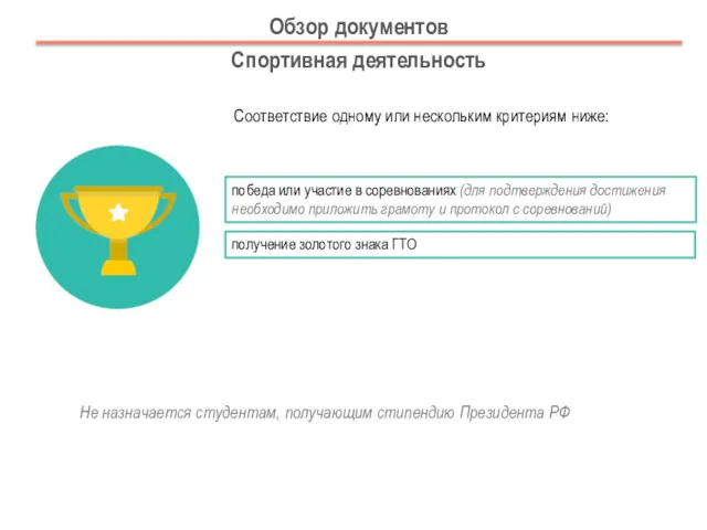 Обзор документов Спортивная деятельность Соответствие одному или нескольким критериям ниже: победа или участие