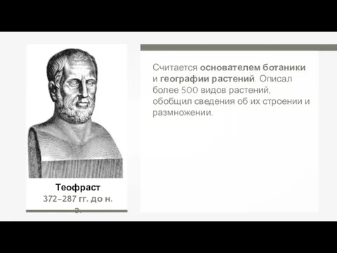 Теофраст 372–287 гг. до н.э. Считается основателем ботаники и географии