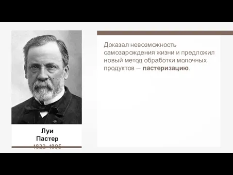 Луи Пастер 1822–1895 гг. Доказал невозможность самозарождения жизни и предложил