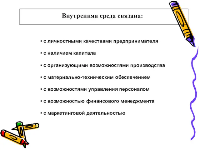 Внутренняя среда связана: с личностными качествами предпринимателя с наличием капитала с организующими возможностями