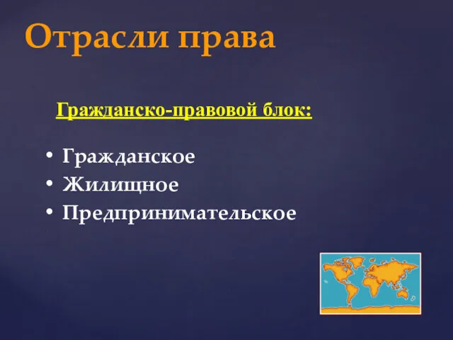 Отрасли права Гражданское Жилищное Предпринимательское Гражданско-правовой блок: