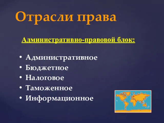 Отрасли права Административное Бюджетное Налоговое Таможенное Информационное Административно-правовой блок: