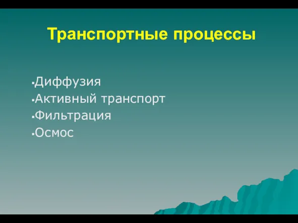 Транспортные процессы Диффузия Активный транспорт Фильтрация Осмос