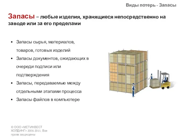 Виды потерь - Запасы Запасы – любые изделия, хранящиеся непосредственно