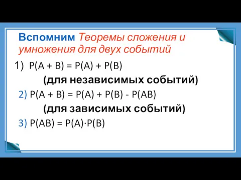 Вспомним Теоремы сложения и умножения для двух событий P(A + B) = P(A)