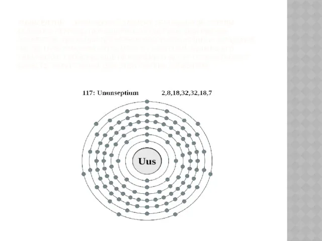 УНУНСЕ́ПТИЙ — ХИМИЧЕСКИЙ ЭЛЕМЕНТ СЕМНАДЦАТОЙ ГРУППЫ, СЕДЬМОГО ПЕРИОДА ПЕРИОДИЧЕСКОЙ СИСТЕМЫ