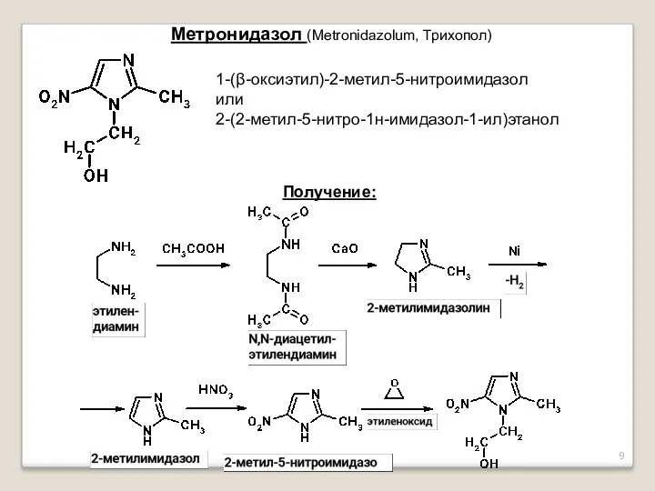 Метронидазол (Metronidazolum, Трихопол) 1-(β-оксиэтил)-2-метил-5-нитроимидазол или 2-(2-метил-5-нитро-1н-имидазол-1-ил)этанол Получение:
