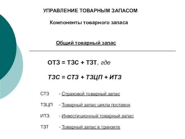 УПРАВЛЕНИЕ ТОВАРНЫМ ЗАПАСОМ Компоненты товарного запаса Общий товарный запас ОТЗ