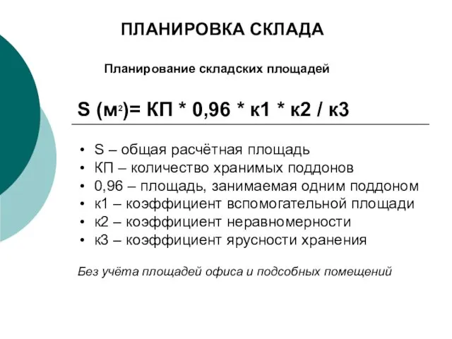 Планирование складских площадей S (м2)= КП * 0,96 * к1