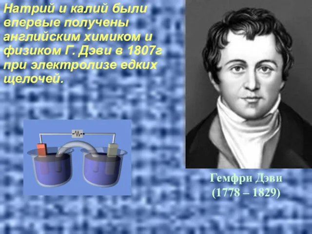 Натрий и калий были впервые получены английским химиком и физиком Г. Дэви в