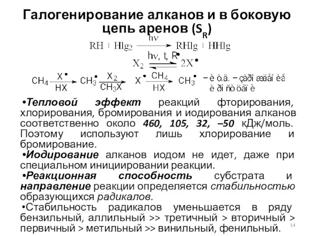 Галогенирование алканов и в боковую цепь аренов (SR) Тепловой эффект